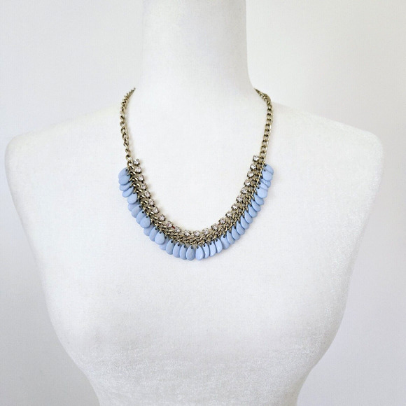 Statement Necklace Blue Beads Rhinestone Goldtone Chain Classic Retro Cocktail - Picture 7 of 12